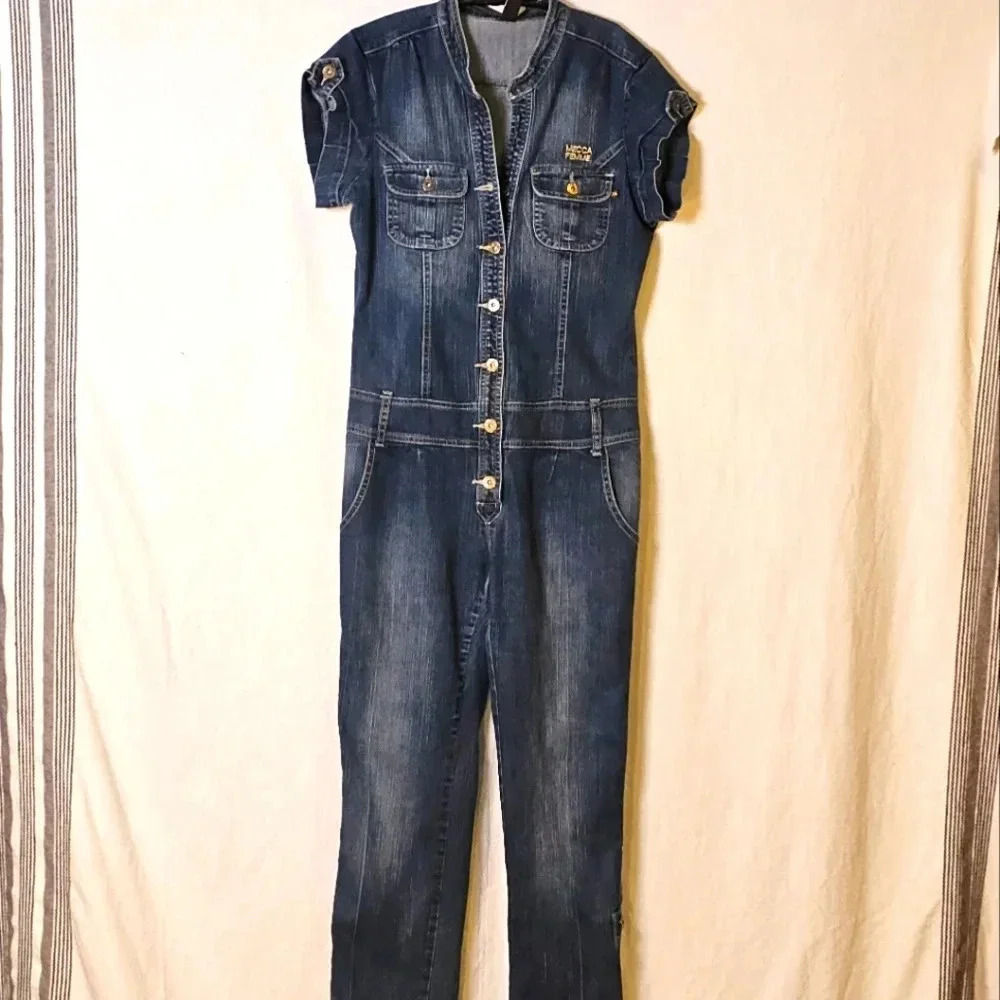 Mecca Femme Y2k Blue Denim Retro Button Down Jumsuit SZ 7/8